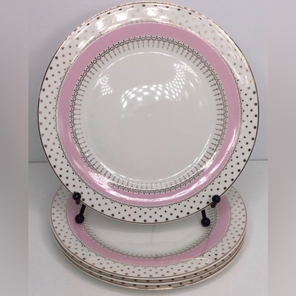 4 Salad Plates Grace's Teaware Pink Band Gold Dots & Trim 8" Porcelain New - Picture 2 of 4
